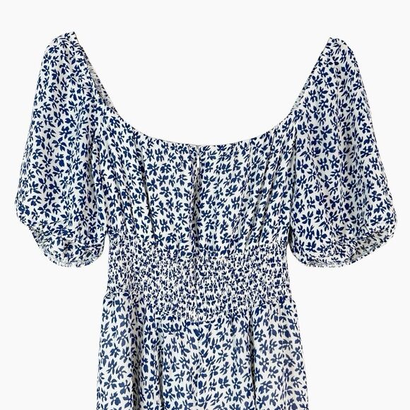 REFORMATION Jo Floral Blue White Smocked Mini Dress Size 12 Short Puff Sleeve - Picture 8 of 11